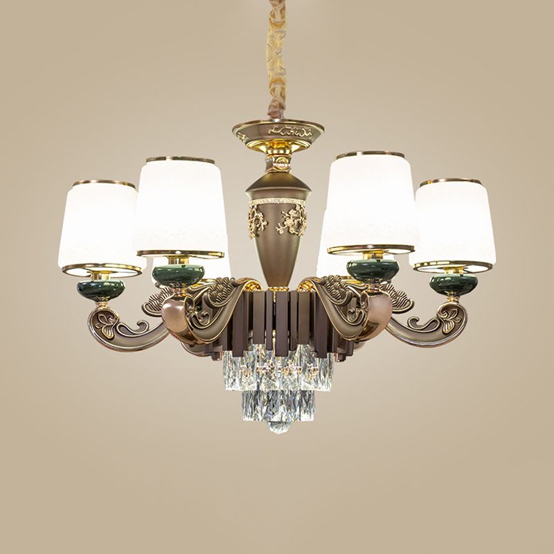 Tapered Opal Glass Chandelier Traditional 6 Heads Dining Room Pendant Light in Brown with K9 Crystal Insert
