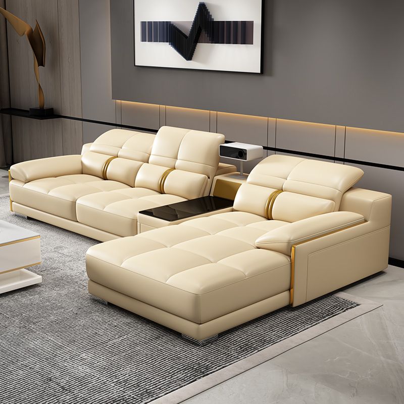 Genuine Leather Pillow Top Arm Sofa Cream Sectional with Removable Cushions