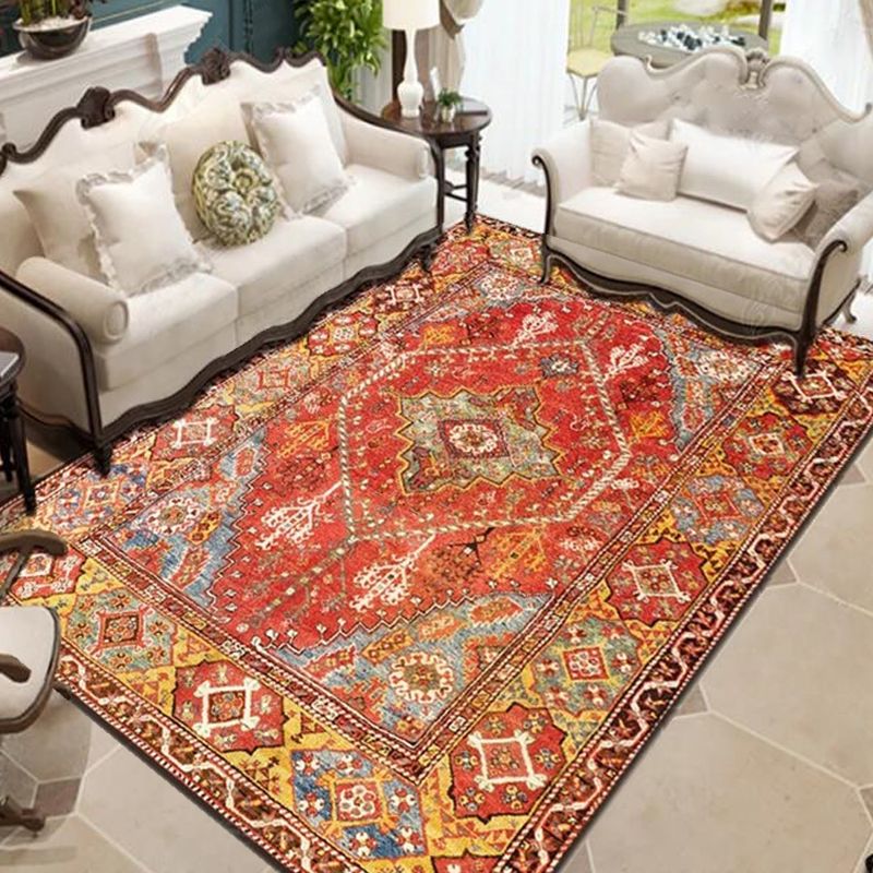 Persian Living Room Rug Multi Colored Geometric Carpet Polyester Pet Friendly Stain Resistant Anti-Slip Backing Rug with Braided Trim