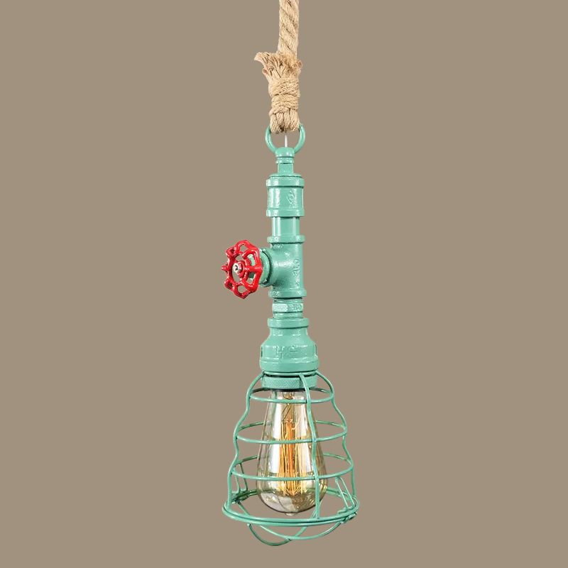 Costeo de iluminación de steampunk enjaulado 1 cabezal de techo colgante de hierro con cordón de cuerda y diseño de tubería de agua en azul/óxido/bronce