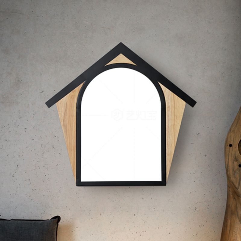 House Shape Metal Sconce Light Fixture Nordic Style Wood and Black LED Wall Lighting Idea