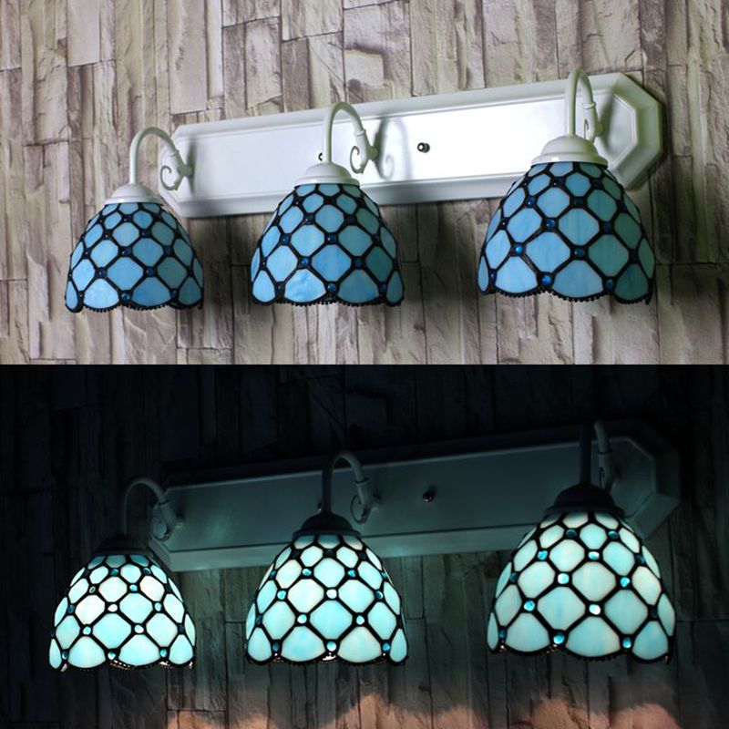3 Heads Dome Wall Mounted Light Tiffany Blue Glass Sconce Light Fixture with Linear Backplate