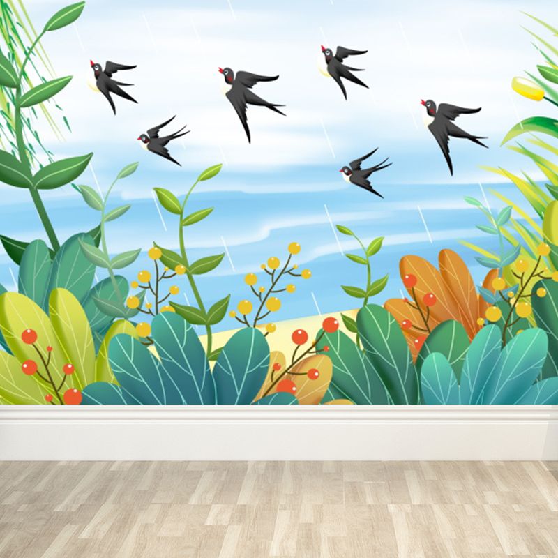 Romantic Birds and Botanical Mural Decal for Living Room, Turquoise, Personalize