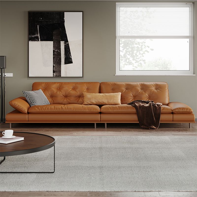 Tufted Pillow Top Arm Sofa Brown Genuine Leathersofa with 2 Cushions
