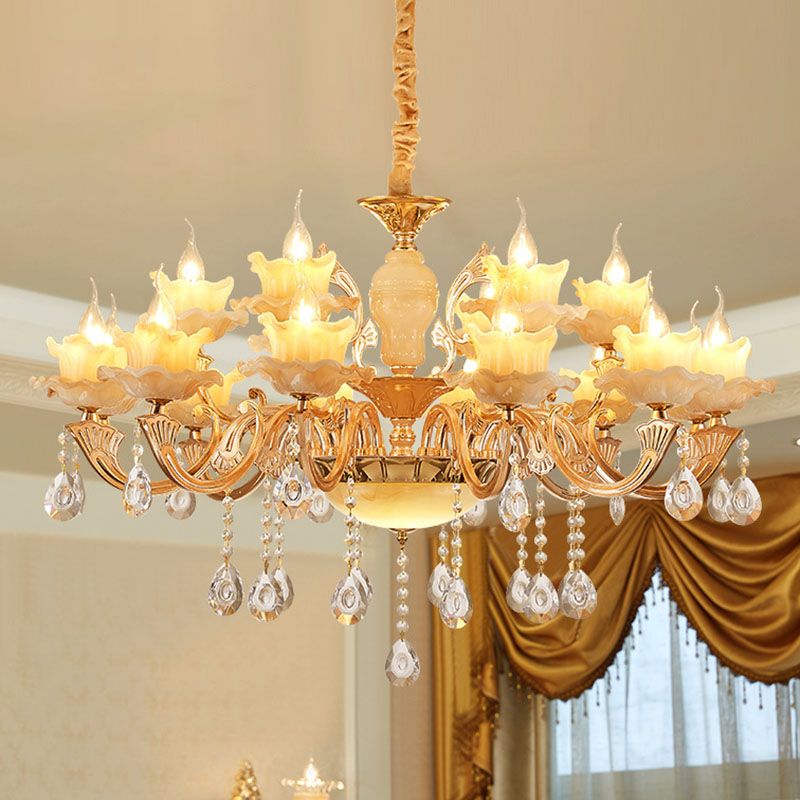 Floral Living Room Ceiling Pendant Rustic Jade Gold Chandelier Lighting Fixture with Crystal Draping