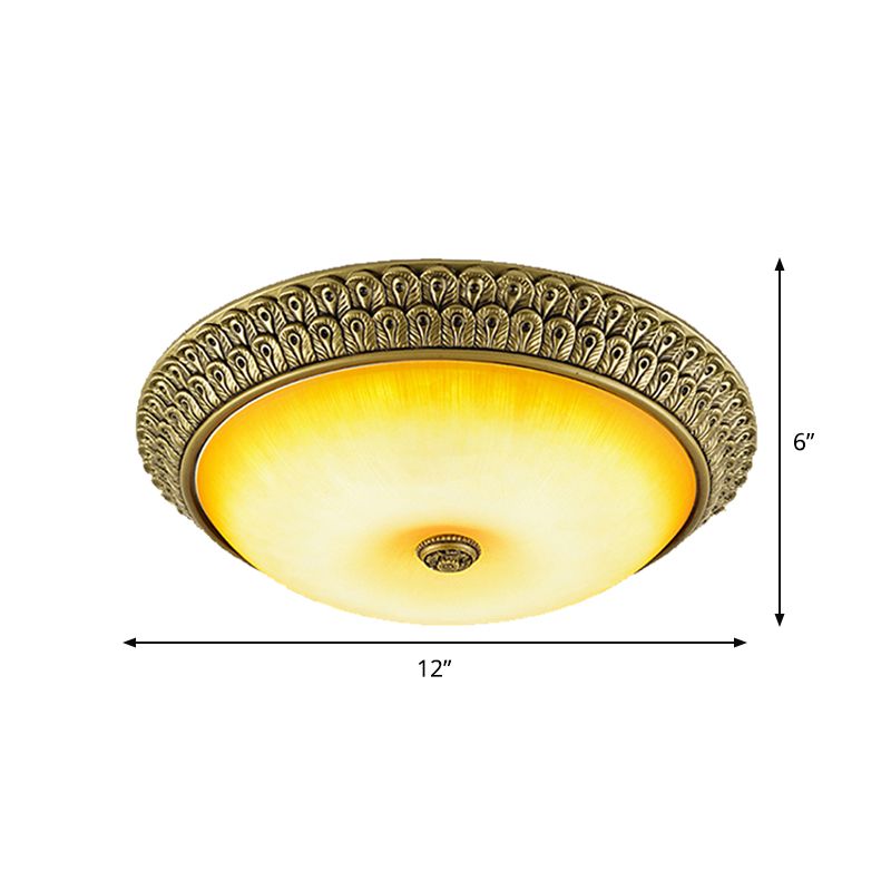 Rustic Circular Flush Light Amber Glass LED Ceiling Mounted Fixture in Gold, 12"/16"/19.5" Wide