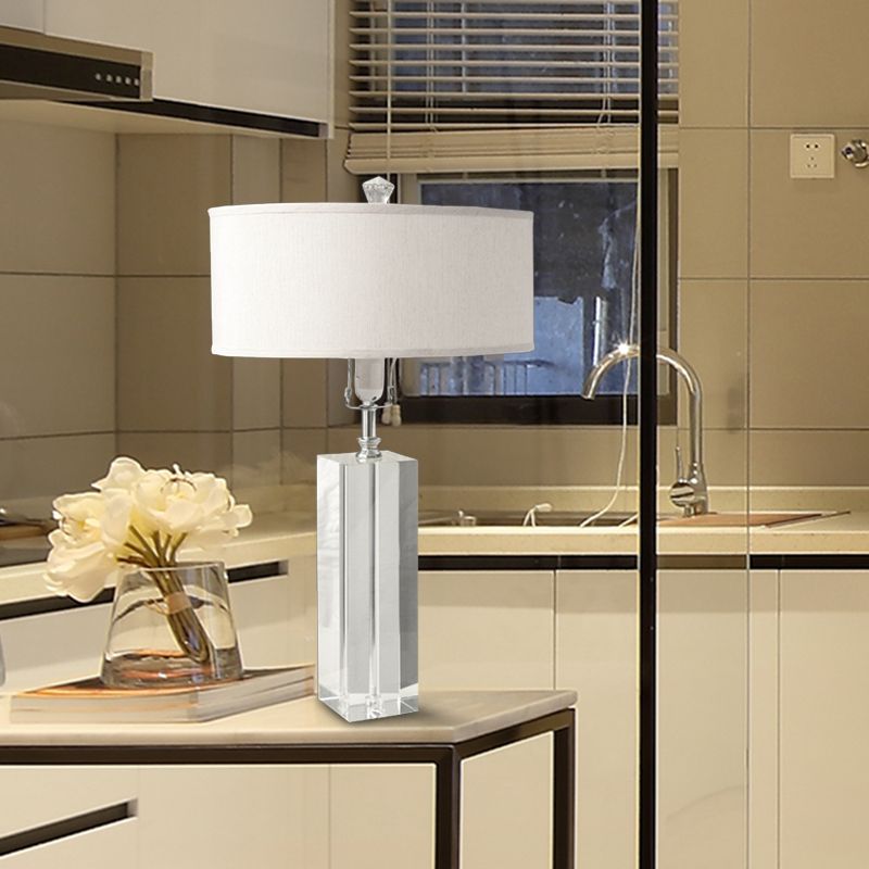 White Rectangle Table Light Rural Crystal 1 Light Bedroom Night Lamp with Round Fabric Shade