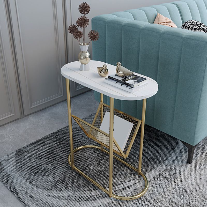 24.8" Tall Iron Frame Base End Table Oval Slate Top Side Table with Magazine Holder