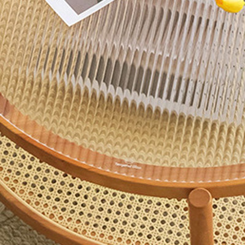 Modern Glass Top Solid Wood 4 Legs Round Double Tier Living Room Side Table