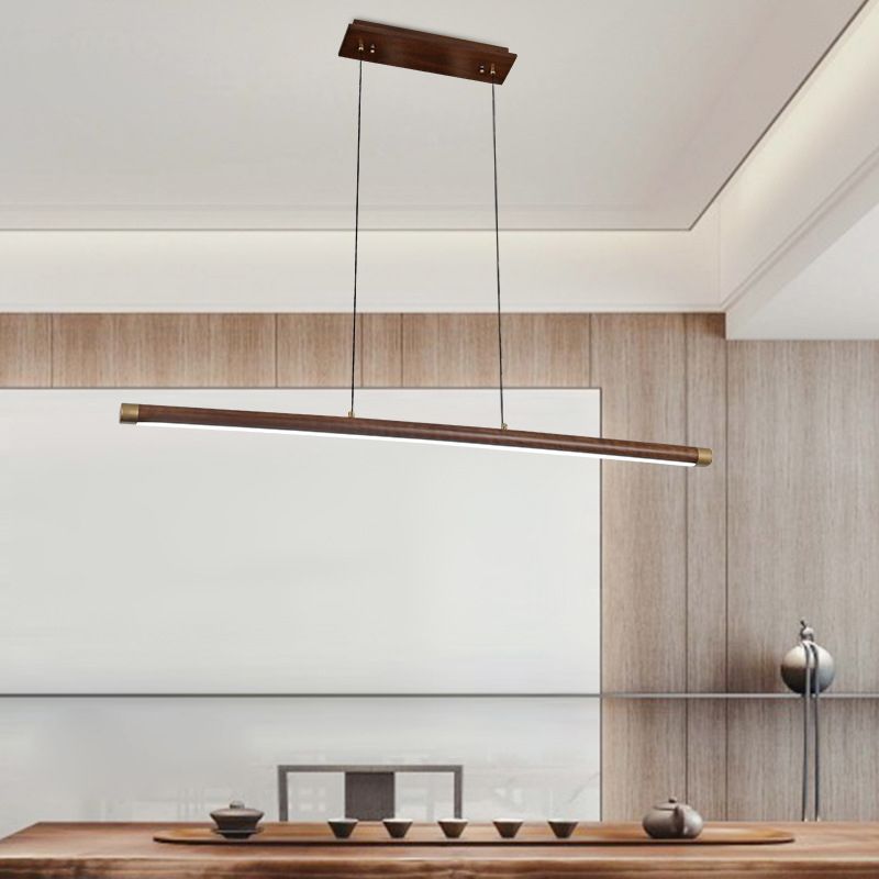 Minimalistic Linear Island Lighting Walnut Wood Tea Room LED Hanging Light in Dark Brown