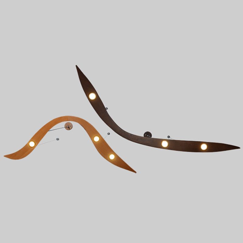 Minimalist Novelty 3-Light Pendant Curved Pendant Light with Wooden Shade for Bar