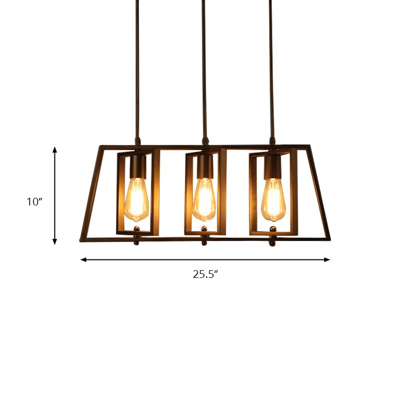 Farmhouse Trapezoid Frame Island Pendant Light 3 Lights Metallic Island Chandelier Light with Open Bulb in Black