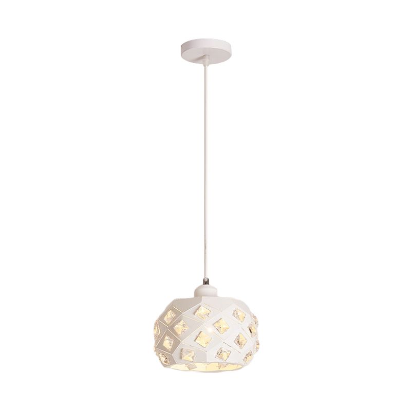 Single Dining Room Pendulum Light Minimal White Finish Crystal Hanging Lamp with Drum Iron Shade