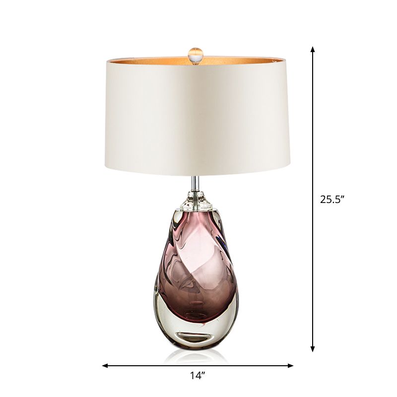 Pear Living Room Table Light Handblown Glass 1 Head Post-Modern Nightstand Lamp with Drum Fabric Shade in White