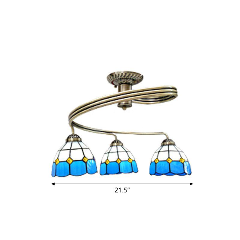 Mediterranean Spiral Ceiling Light Metal Semi Flush Mount Light with Stained Glass Shade