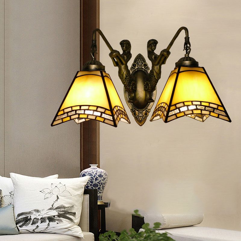 Mediterranean Tapered Wall Mount Light Stained Art Glass Vanity Lighting for Bathroom