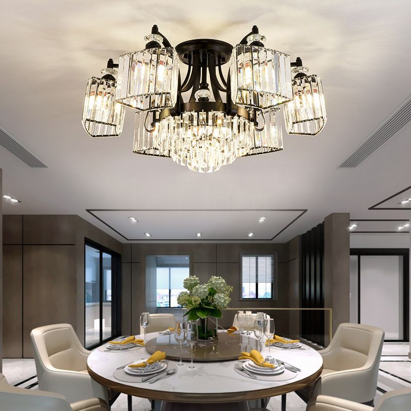 Tiered Living Room Ceiling Light Retro Clear Crystal Black Semi Flush Chandelier