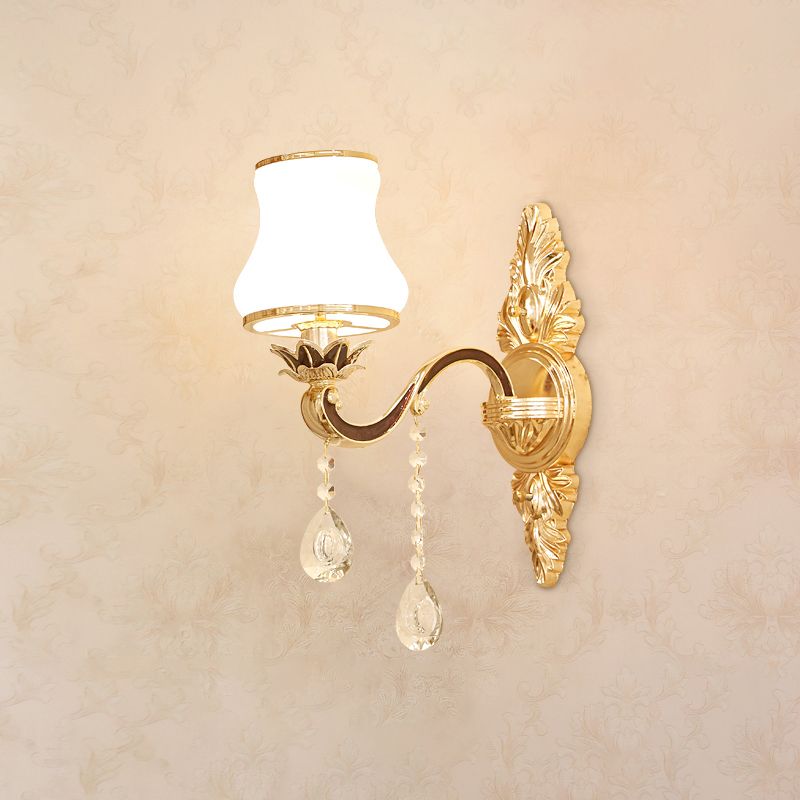 Wall Lighting Sconce Classic Carved Arm Metal Wall Mount Light with White Glass Shade