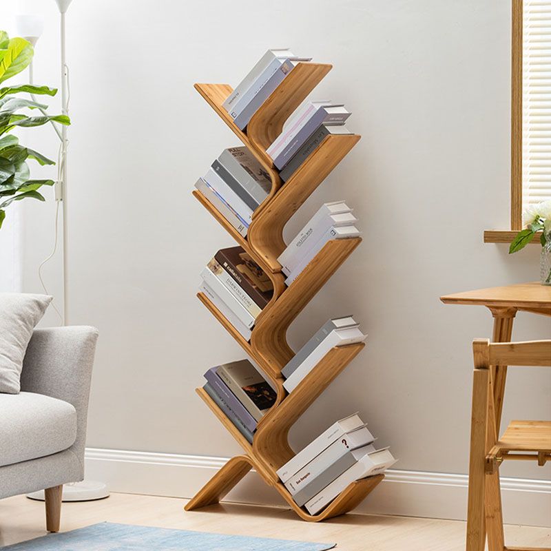 Modern Bamboo Bookshelf Geometric Vertical Open Shelf Bookcase