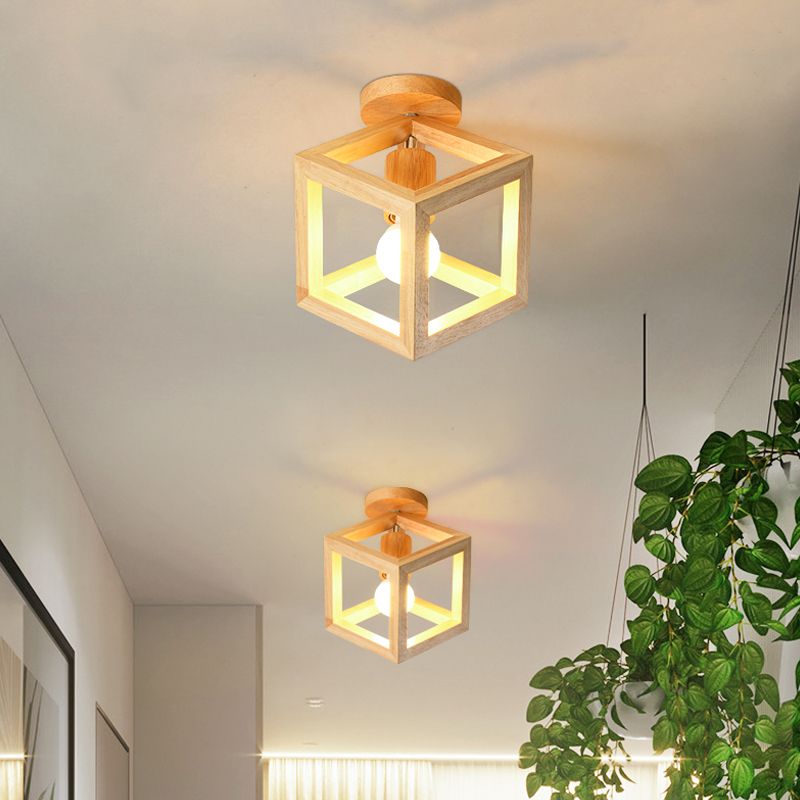 Houten kubus kooi semi-inbouwlamp Nordic 1 lamp beige plafondgemonteerde verlichtingsarmatuur voor gang