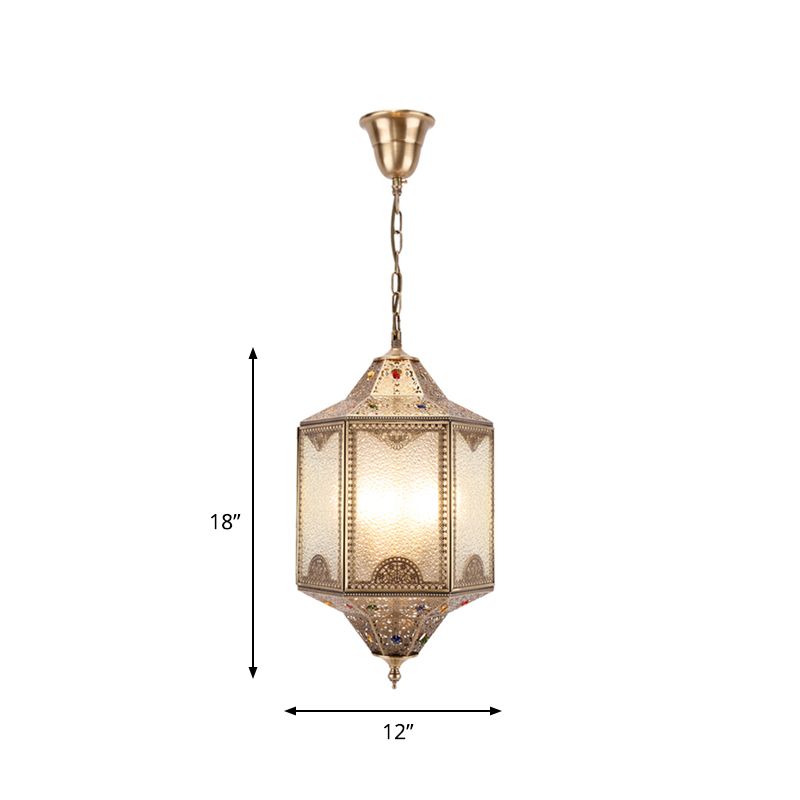 Frosted Glass Hexagonal Hanging Light Kit Decorative 3 Lights Porch Chandelier Lamp in Brass