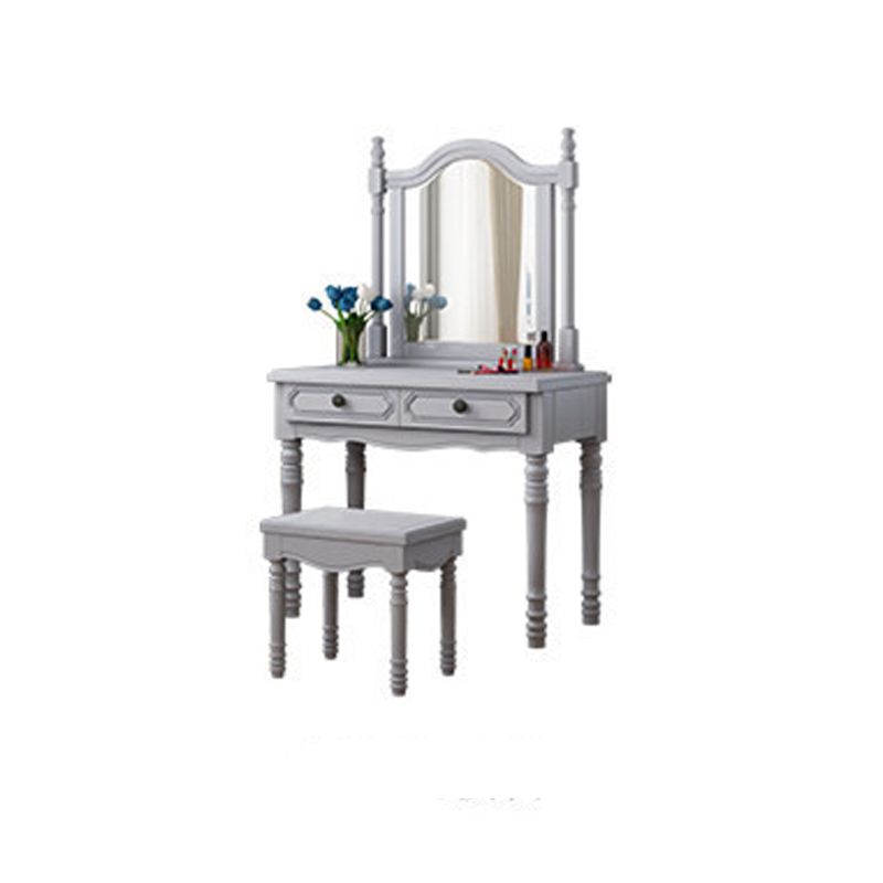 Traditional Mirrored Vanity Set Wood Dresser with 2 Drawers and Stool