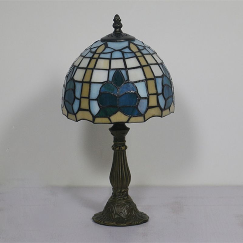 1 Light Bedside Nightstand Light Mediterranean Blue Night Table Lamp with Dome Stained Glass Shade