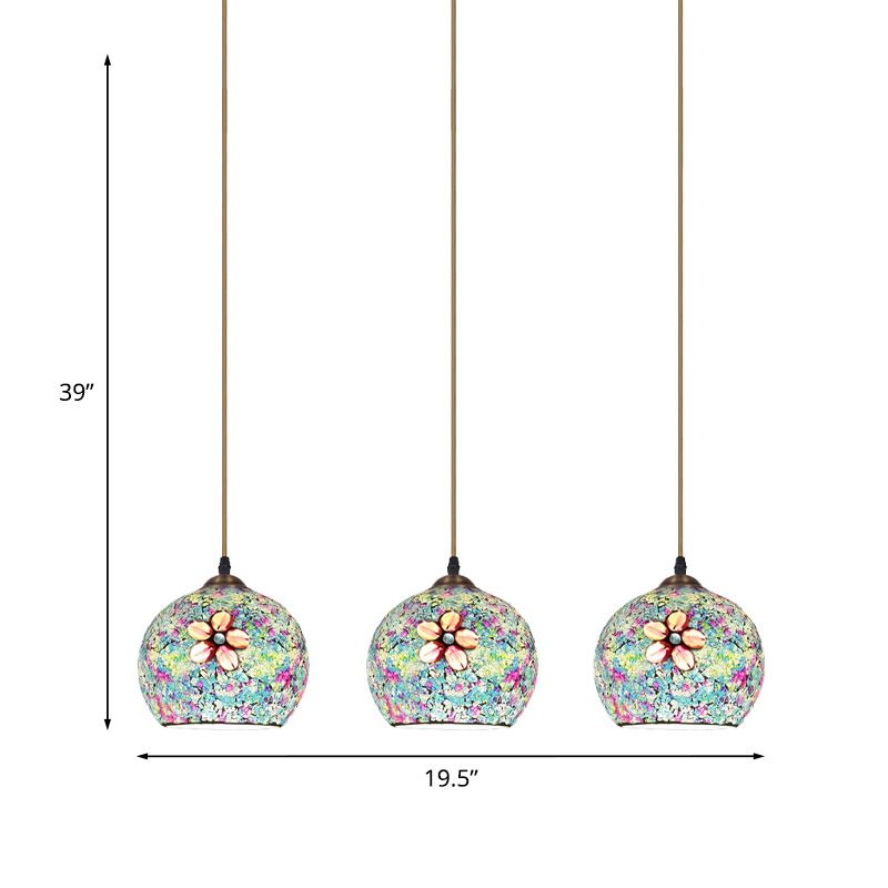 Tiffany Style Domed Multi Hanging Light 3 Heads Multicolored Flower Glass Suspension Lighting in Bronze
