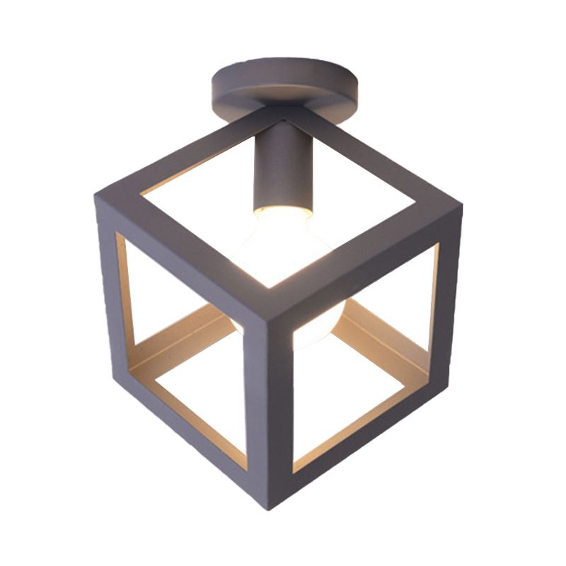 1 Light Squared Ceiling Mounted Light with Wire Guard Loft Style Black/Gray Metallic Semi-Flush Lighting for Bedroom