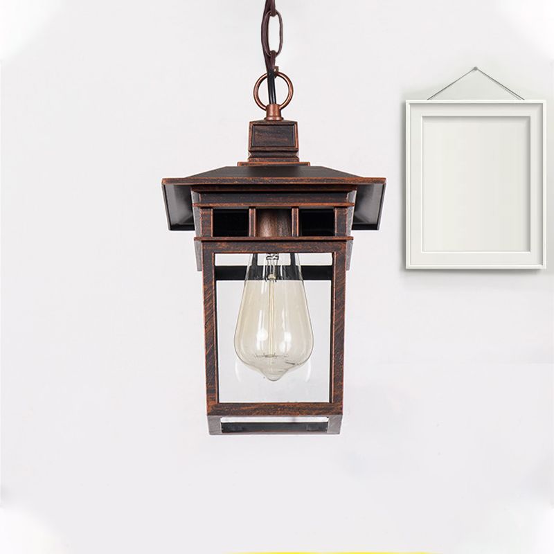 Industrial Lantern Hanging Lighting Metal and Clear Glass 1 Light Black/Bronze/Gold Outdoor Pendant Lamp for Porch