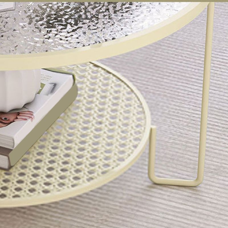 Contemporary Cocktail Table with Glass Top and Iron Base and Shelf