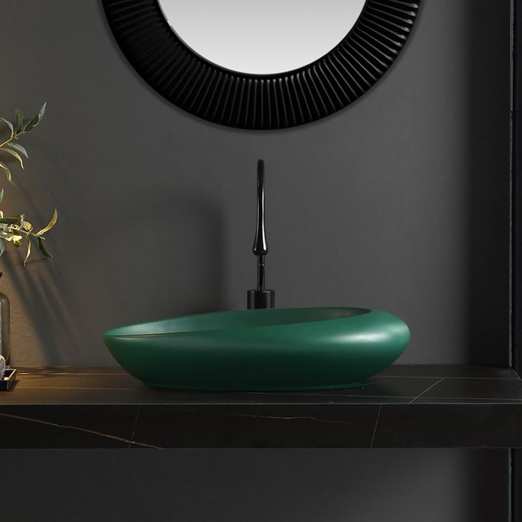 Modern Bathroom Sink Porcelain Pop-Up Drain Oval-Shape Vessel Lavatory Sink