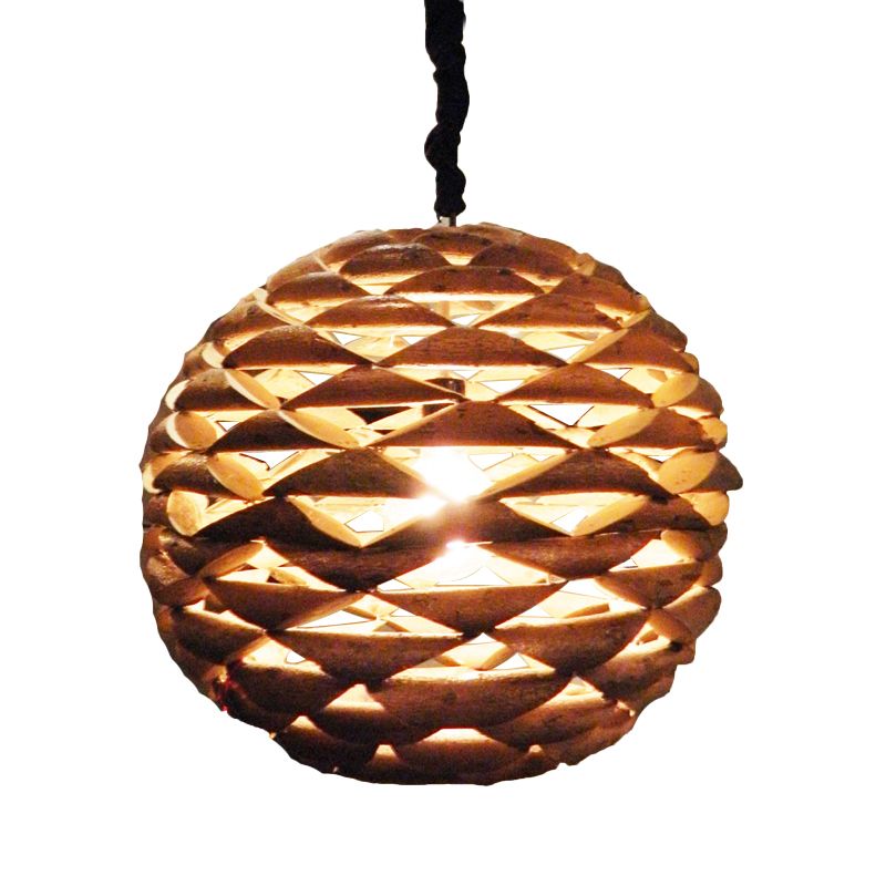 Luz de colgante esférica de madera asiática 1 accesorio de iluminación colgante de bulbo marrón, 12 "/14" de ancho