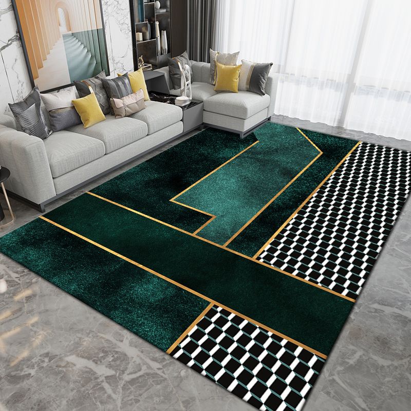 Dark Green Modern Carpet Polyester Striped Carpet Non-Slip Backing Carpet for Home Decor
