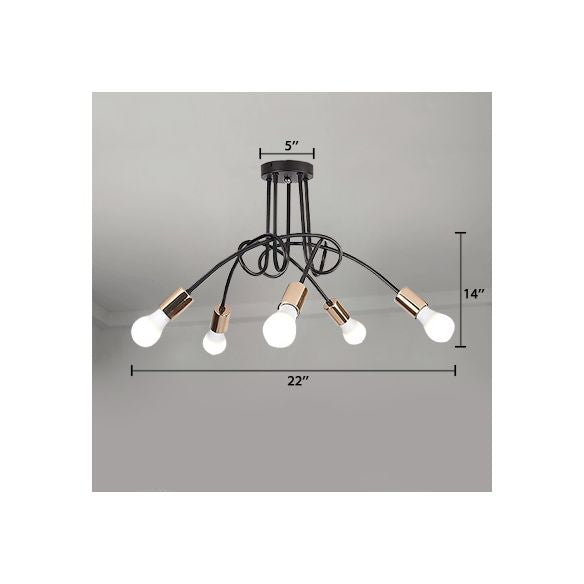 Gedraaide metalen halfverzonken plafondlamp Industriële 3/5-lichts hal halfverzonken hanglamp met kale lamp in zwart