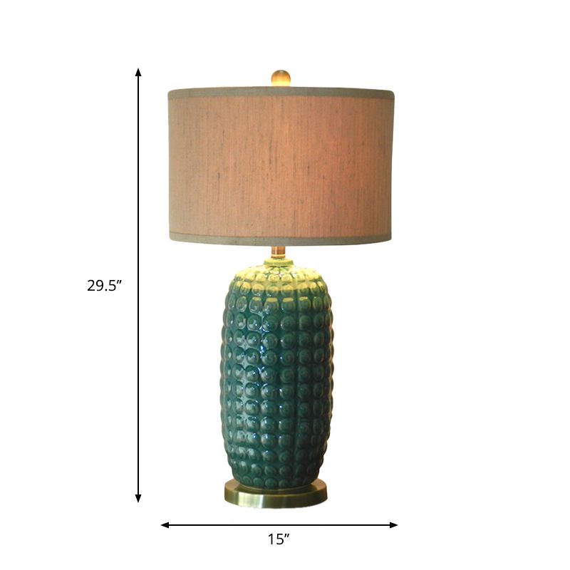Green Cylindrical Base Nightstand Lamp Retro Porcelain 1 Head Living Room Table Light with Drum Fabric Shade