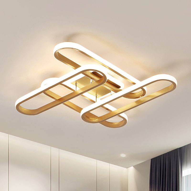 LED Living Room Ceiling Flush Gold Semi Mount Lighting Fixture with Oval Acrylic Shade in Warm/White Light