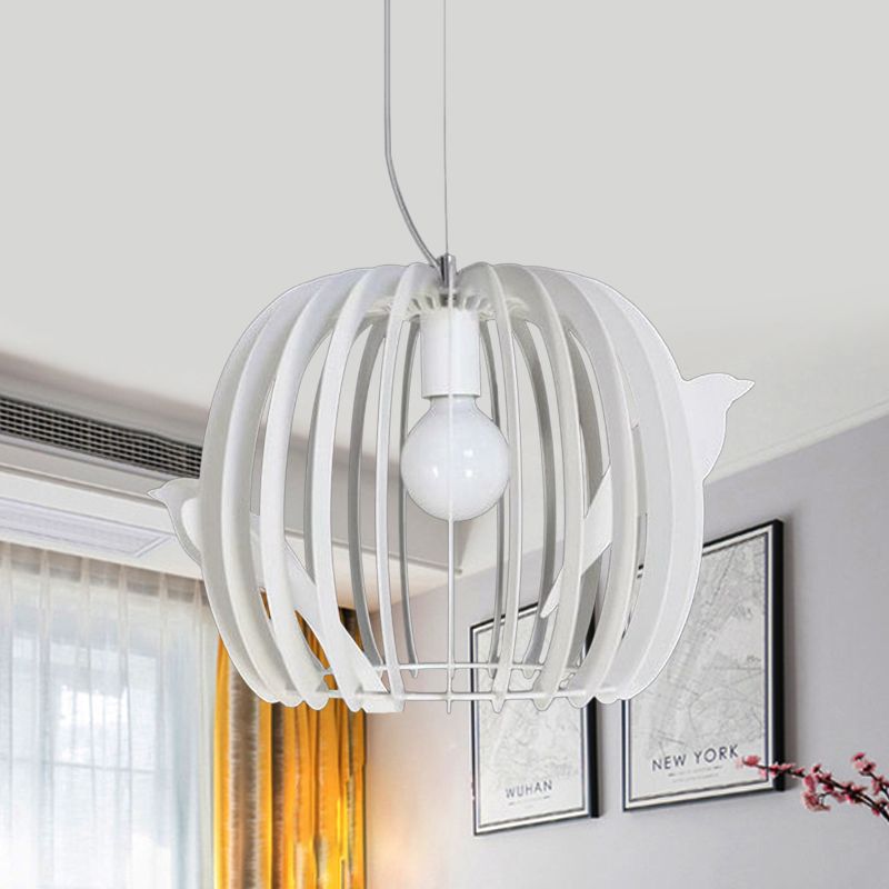 Drum Shaped Birdcage Pendant Lamp Modern Iron 1 Bulb Dinette Hanging Ceiling Light in White with Bird Decor