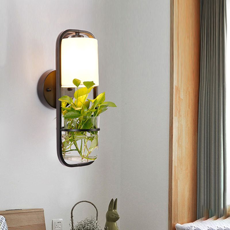 Black 1 Bulb Sconce Shade Vintage Metal Rectangle LED Wall Lamp with Plant Container for Bedroom