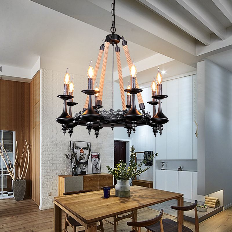 Iron Candle Chandelier Light Fixture Warehouse 6/8 Heads Dining Room Hanging Ceiling Light in Black with Rope Cord