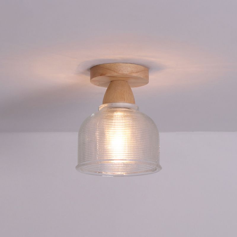 Simple 1-Light Ceiling Light Wooden Ceiling Mount Light with Glass Shade for Living Room
