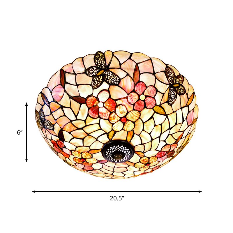 Natural Shell Beige Ceiling Fixture Dome 3/4 Lights Tiffany Flushmount Lighting with Butterfly-Flower Pattern, 16"/20.5" W