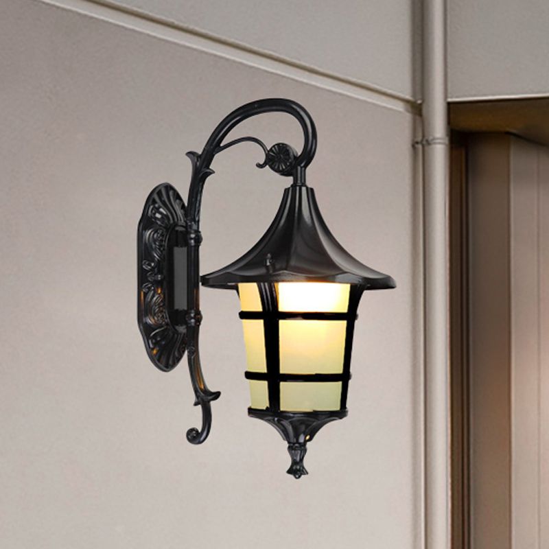 Metal Black/Coffee/Bronze Wall Light Sconce Curved Arm 1 Light Lodge Style Wall Lamp with White Glass Shade
