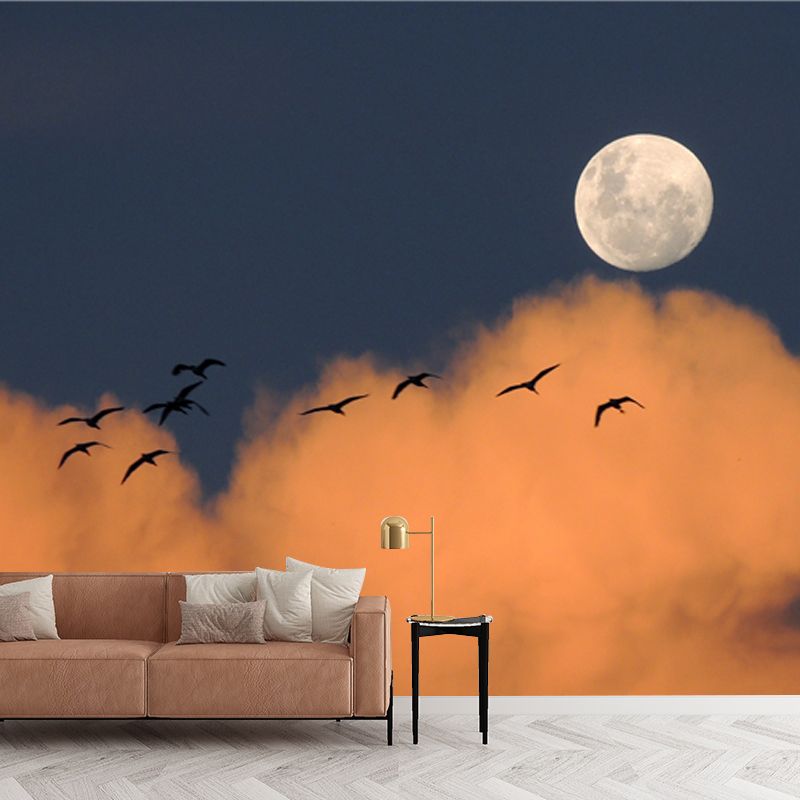 Modern Dusk Scenery Mural in Yellow-Blue Bird Flock and Moon Wall Art for Bedroom