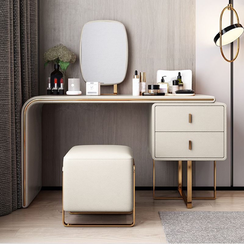 Glam Vanity Table and Stool Set 2-Drawer Faux Leather Vanity Dressing Table