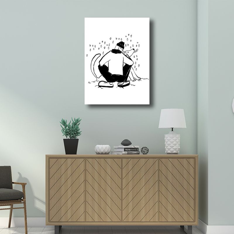 Mans Leisure Time Drawing Canvas in Black and White Minimalism Wall Art for Room