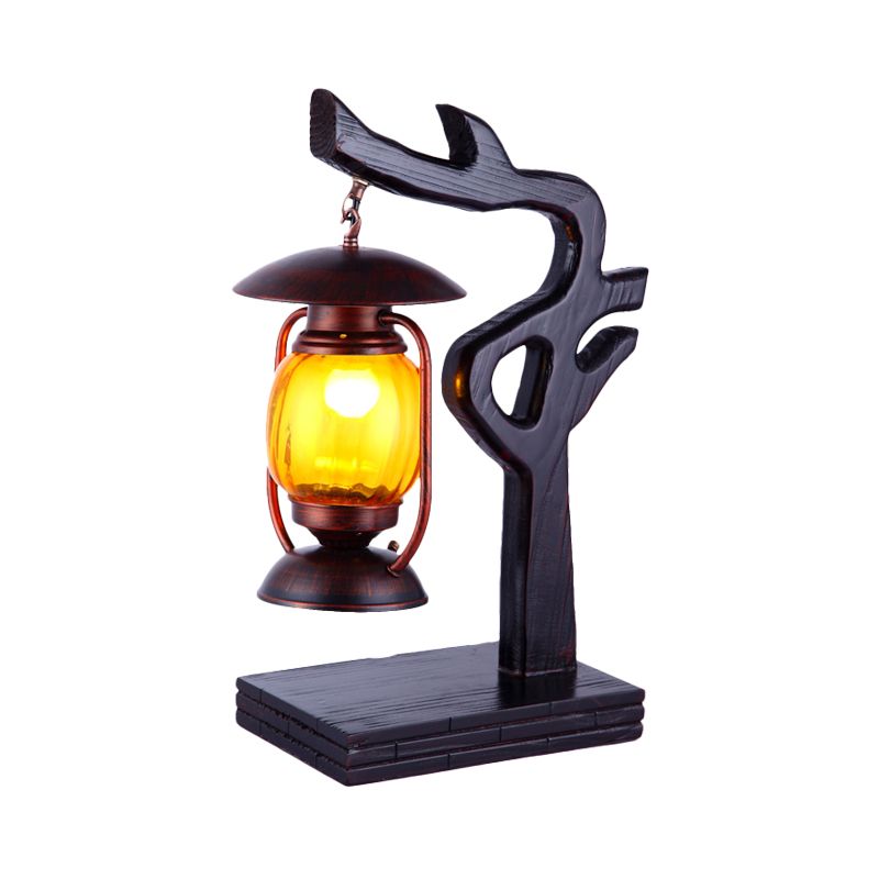 Lámpara de escritorio de queroseno de fábrica 1 iluminación de mesa de vidrio amarillo claro en cobre con diseño de árbol de madera