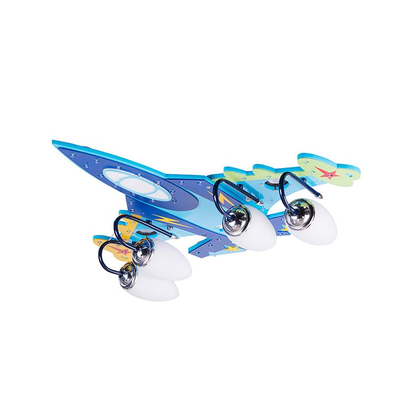 Blue Fighter Plane Flushmount Cartoon 4-Bulb Wooden Flush Mount Ceiling Light with Cream Glass Shade