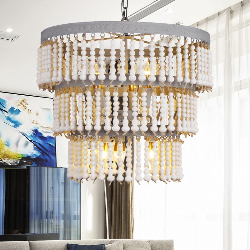 White 3-Tier Ceiling Chandelier Modernism Wood 6 Heads Hanging Light Fixture with Adjustable Chain