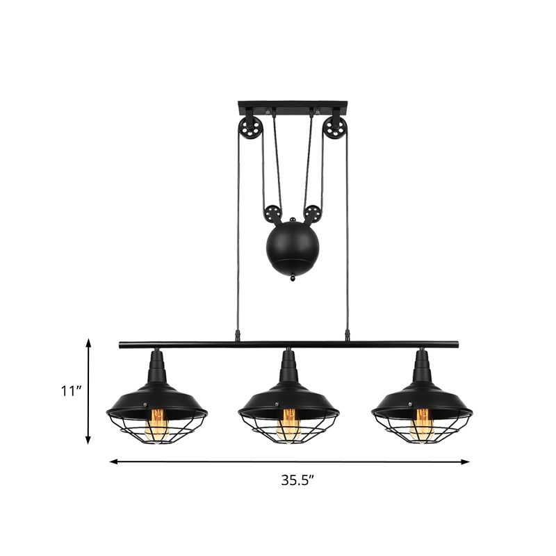 Farmhouse Barn Island Pendant 3 Lights Metallic Pendant Lighting with Cage Shade and Pulley in Black
